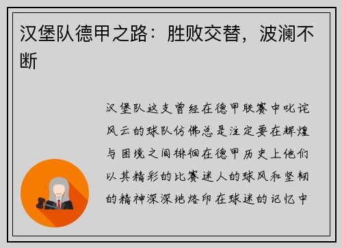 汉堡队德甲之路：胜败交替，波澜不断