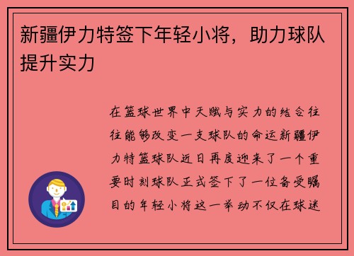 新疆伊力特签下年轻小将，助力球队提升实力