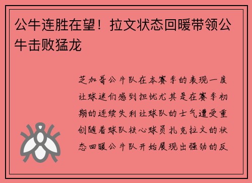 公牛连胜在望！拉文状态回暖带领公牛击败猛龙