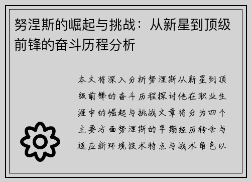努涅斯的崛起与挑战：从新星到顶级前锋的奋斗历程分析