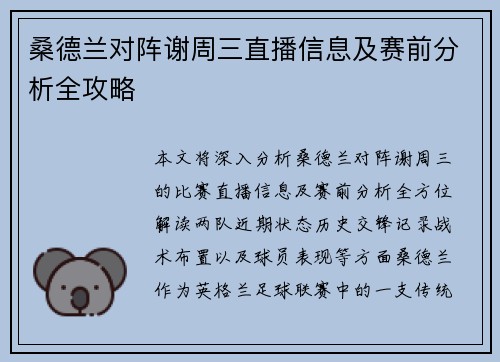 桑德兰对阵谢周三直播信息及赛前分析全攻略