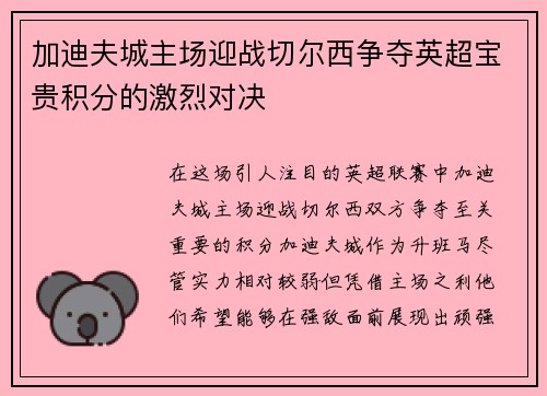 加迪夫城主场迎战切尔西争夺英超宝贵积分的激烈对决