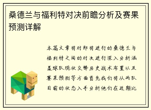 桑德兰与福利特对决前瞻分析及赛果预测详解