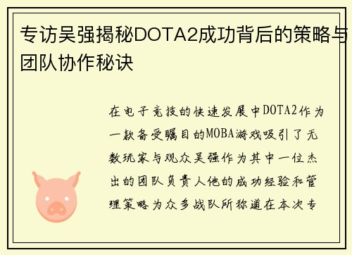 专访吴强揭秘DOTA2成功背后的策略与团队协作秘诀