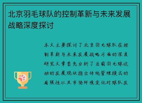 北京羽毛球队的控制革新与未来发展战略深度探讨