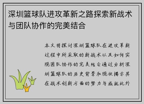 深圳篮球队进攻革新之路探索新战术与团队协作的完美结合